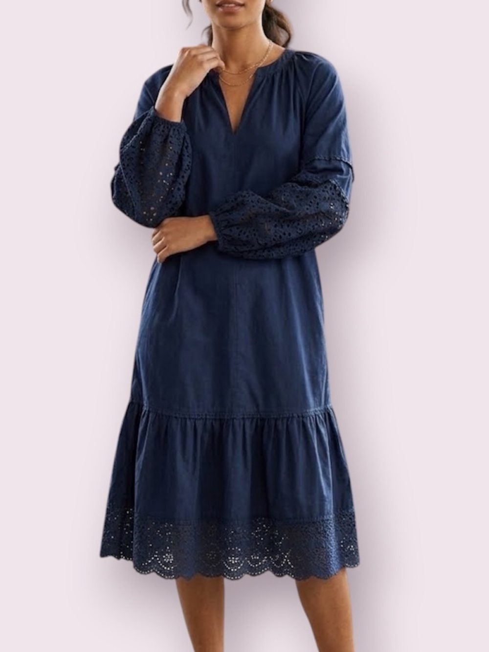 Chico’s Popover Midi Dress Balloon Eyelet Sleeves Navy Blue Size 6